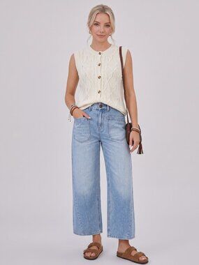 Women's Blue Wide Leg Cotton Denim Jeans Patch Pocket Relaxed Fit